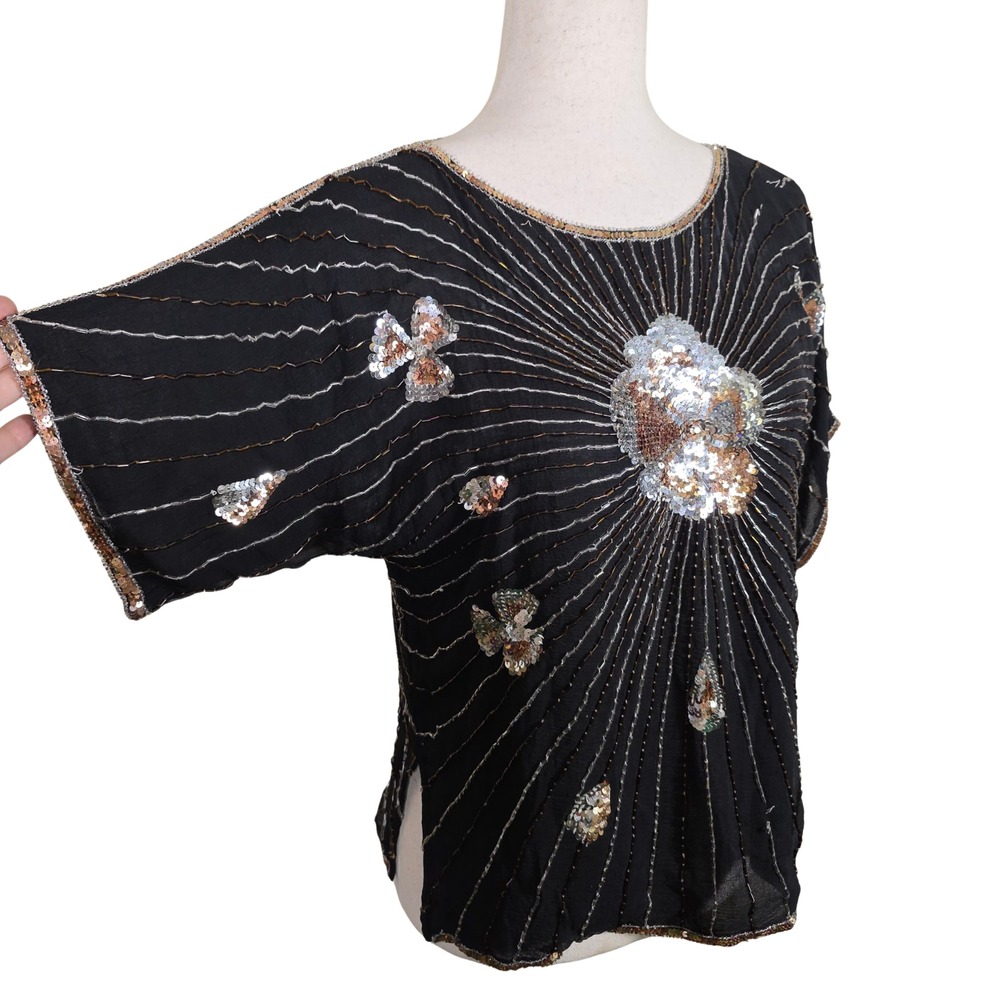 Vintage Beaded Sequin Silk Top New Years Party Retro Black Silver Gold Size L